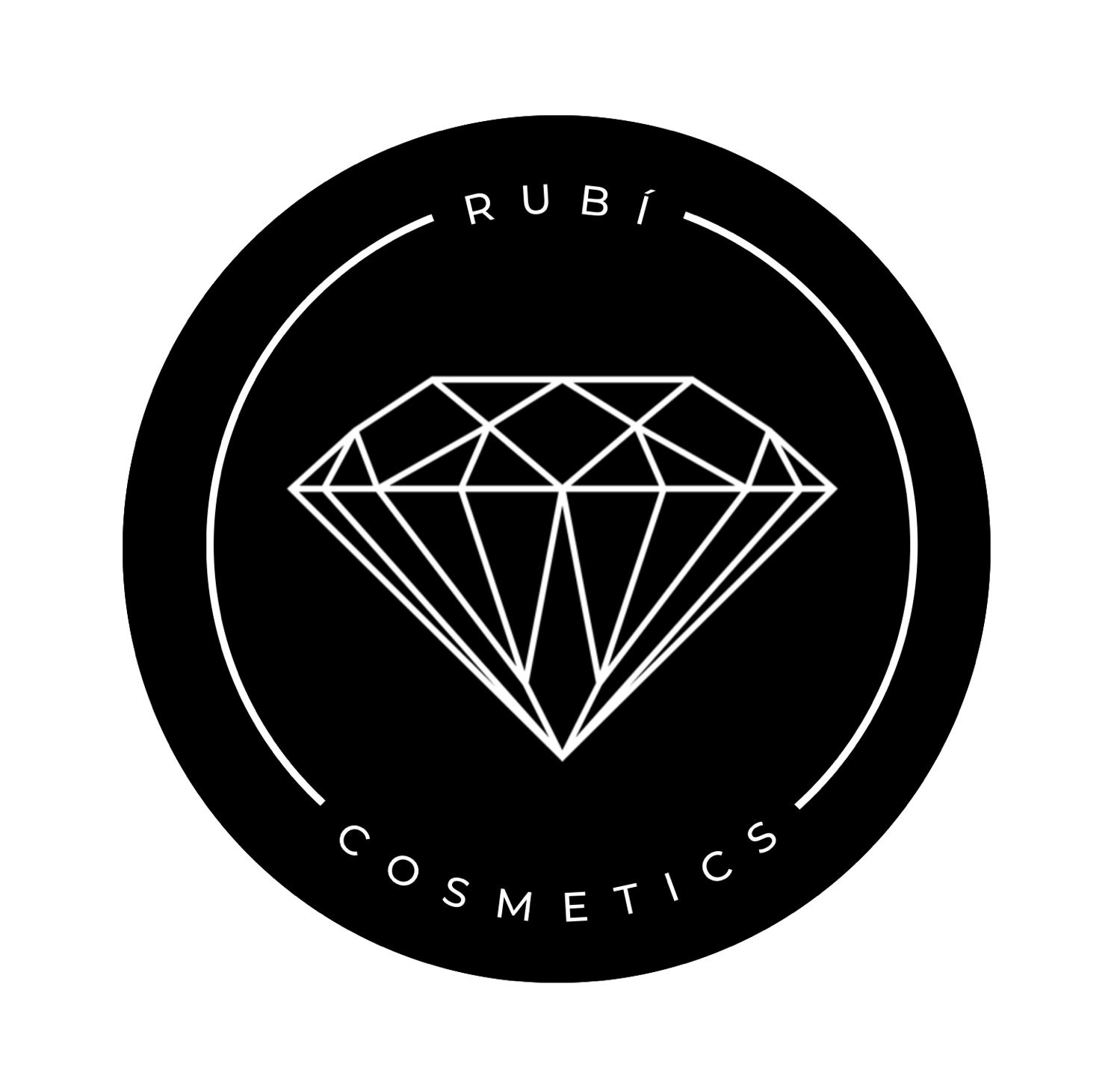 Minimalist black and white logo for Rubí Cosmetics with a diamond illustration.