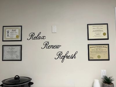 Stephanie Adams wall of Certifications - Relax Renew Refresh
