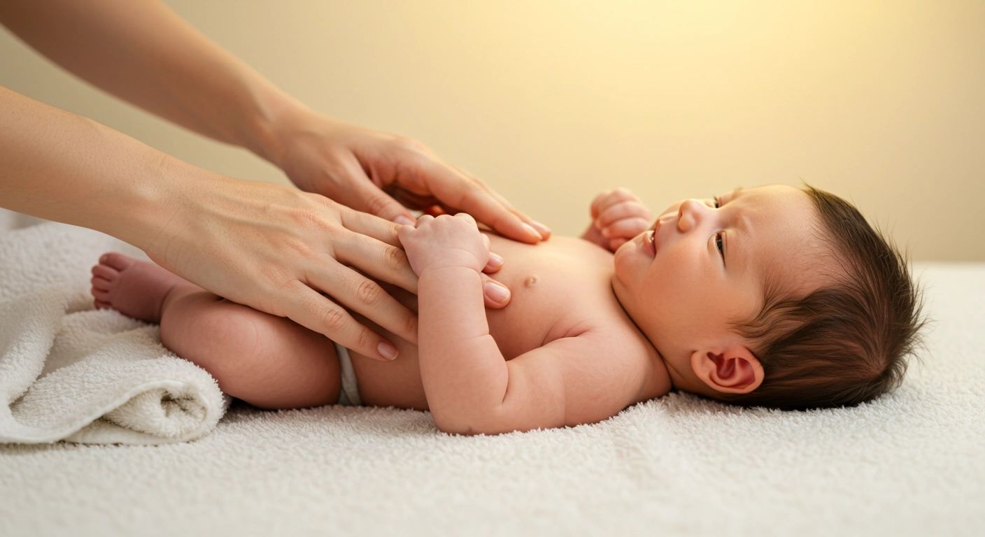 A calm baby being massaged by a caregiver, highlighting the soothing touch