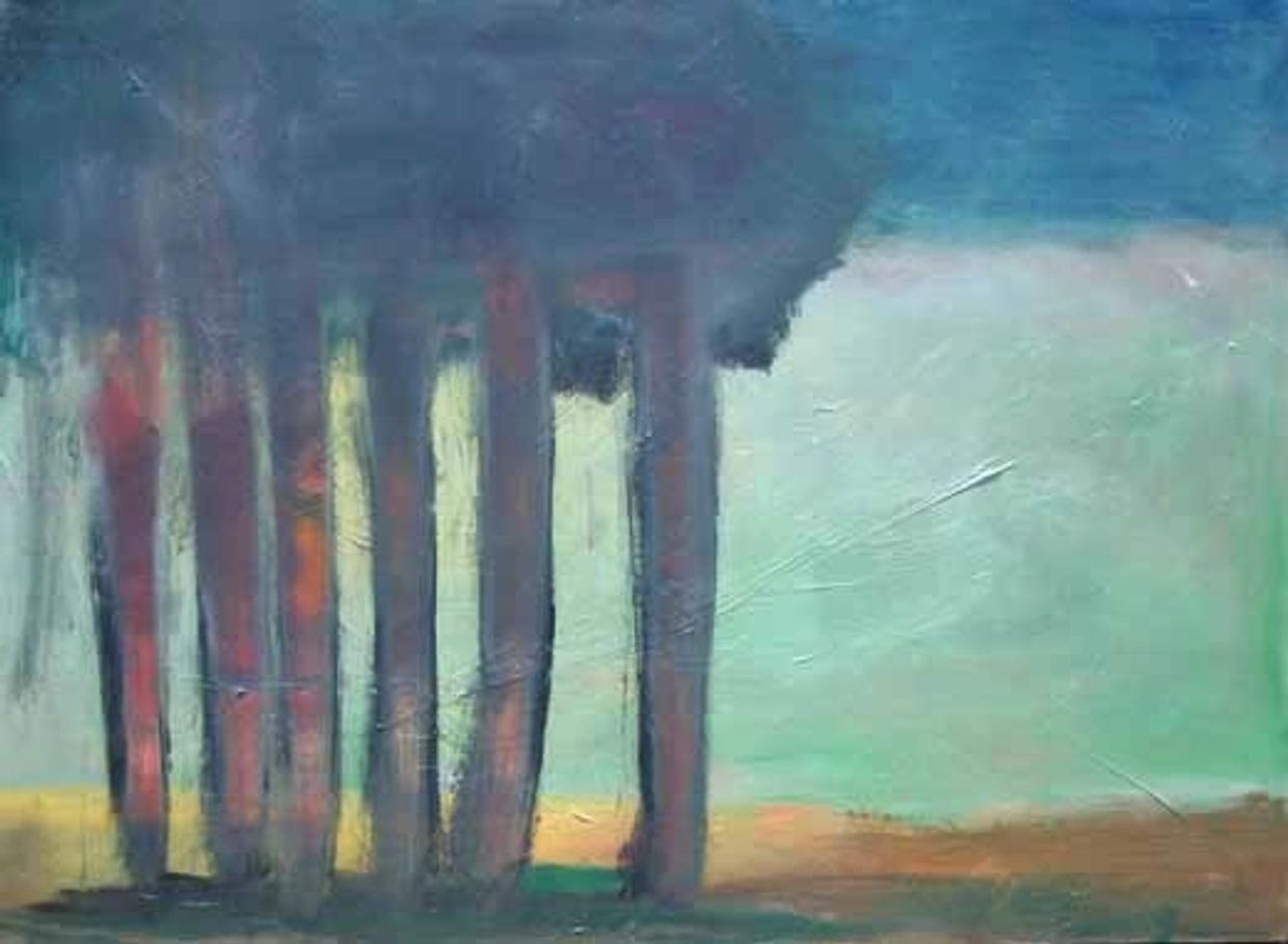 Abstract painting with vertical pillars and contrasting colors.