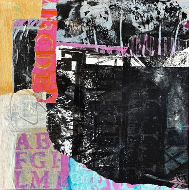 Abstract collage artwork with bold colors and patterns.