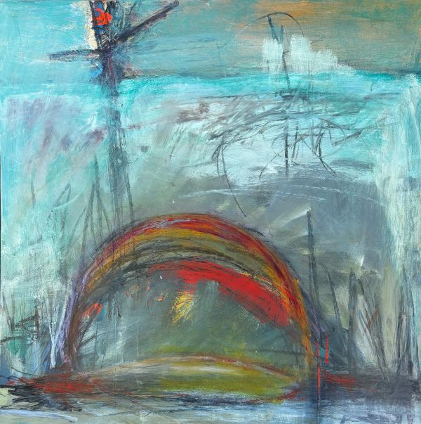Abstract painting with a large red arc and blue-green background.