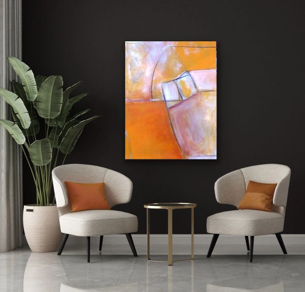 Modern living room with abstract orange artwork and beige chairs.