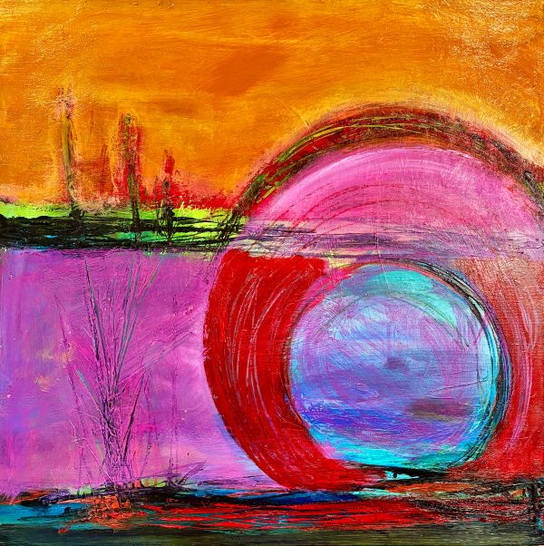 Colorful abstract painting with a large circle.
