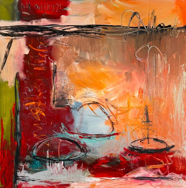 Abstract painting with vibrant reds, oranges, and dynamic brush strokes.