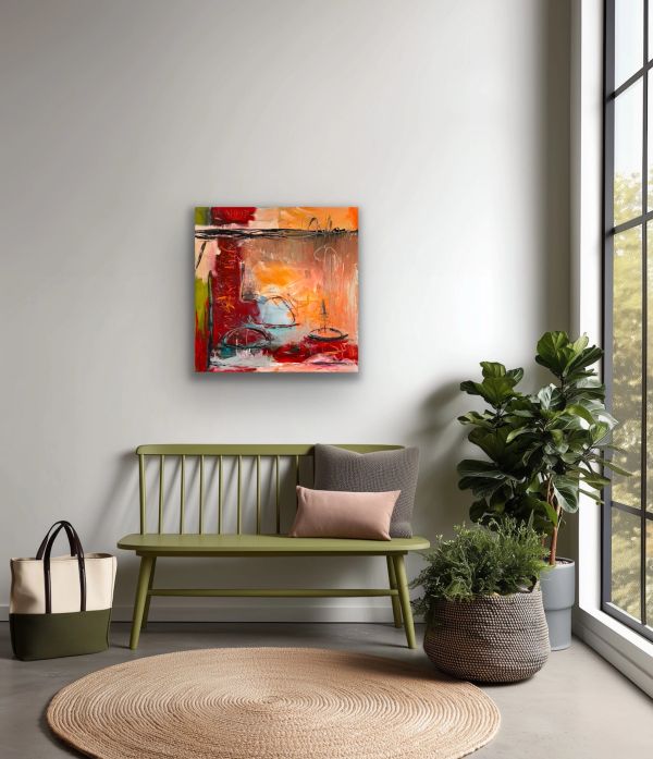 Modern entryway with green bench and colorful abstract art.