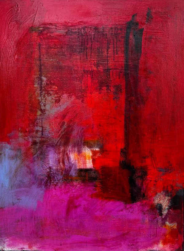 Abstract painting with dominant red and pink hues.