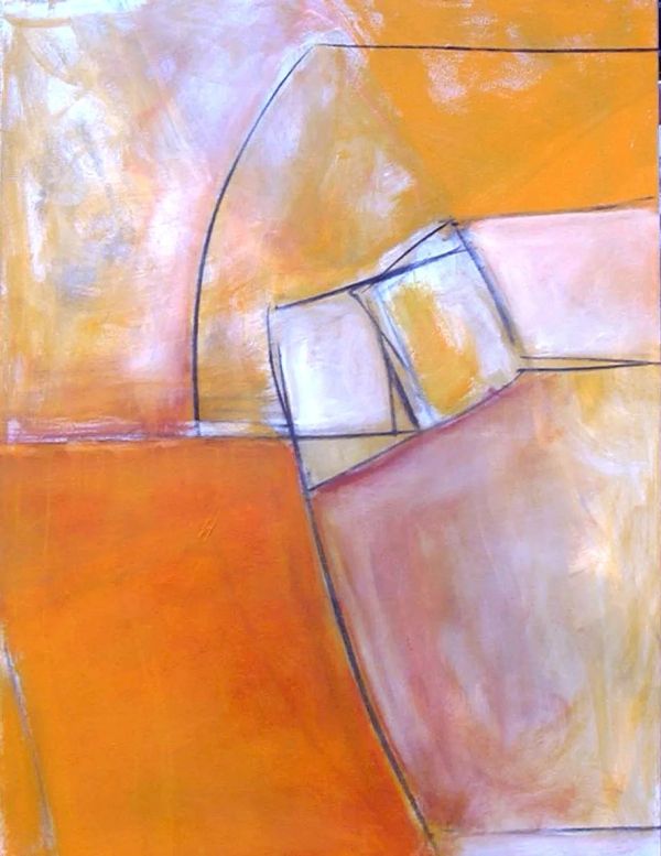 Abstract painting with warm orange and pink tones.