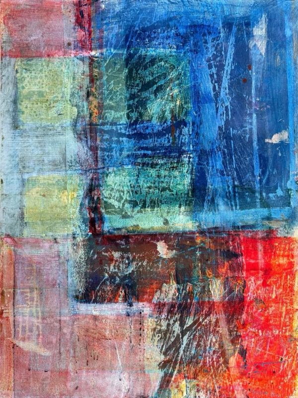 Abstract colorful painting with layered textures and geometric shapes.