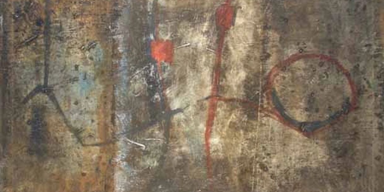 Ancient wall painting with faded colors and abstract shapes.