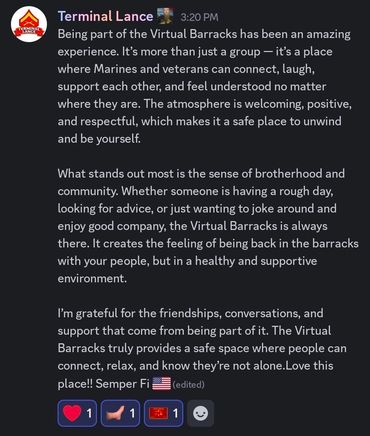 Veteran brotherhood, support, friendship, humor and community connection in the Virtual Barracks 