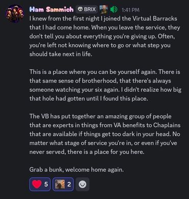 Veteran brotherhood, peer support, VA resources, and community inside the Virtual Barracks Discord
