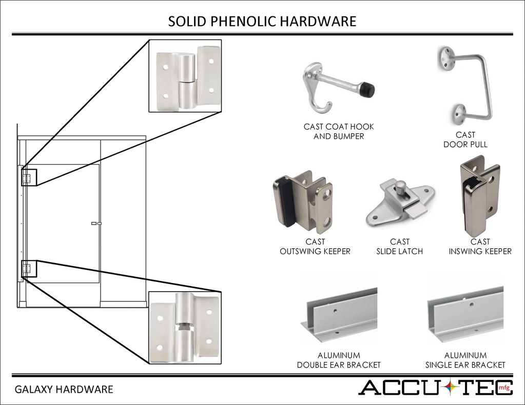 Galaxy hardware consisting of aluminum brackets and cast slide latch, keepers, door pull, and hook.