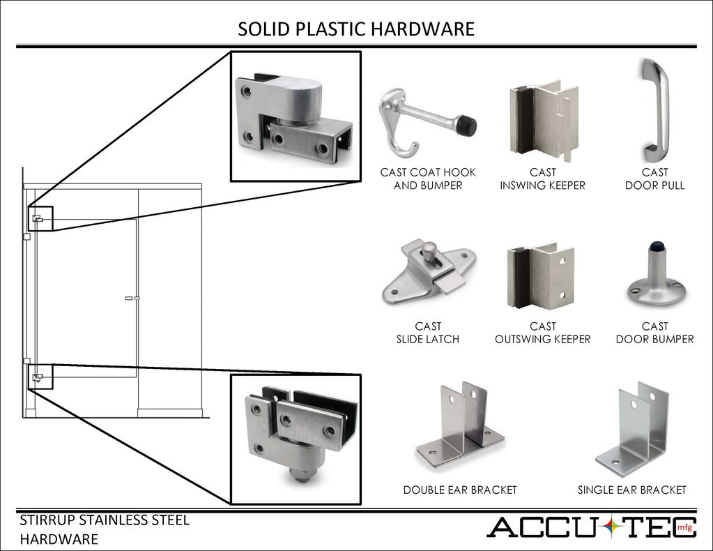 Stainless steel hardware consisting of door latch, keepers, door pull, door hook, brackets, hinges