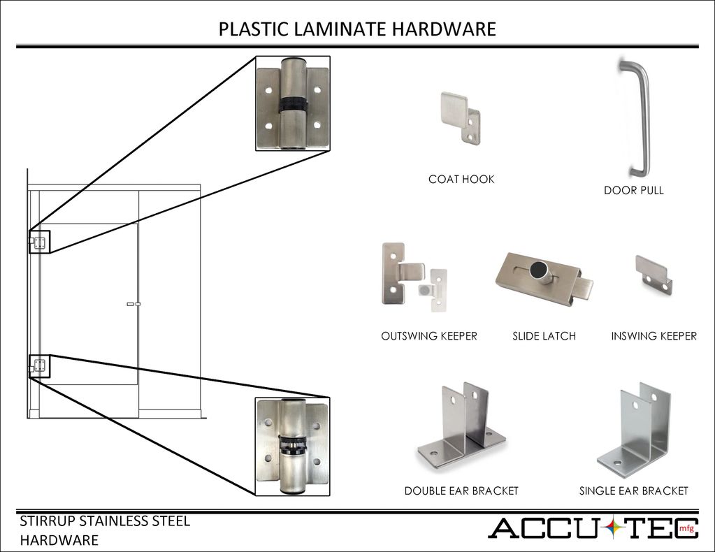 Stirrup hardware consisting of door latch, keepers, door pull, door hook, brackets, and hinges.