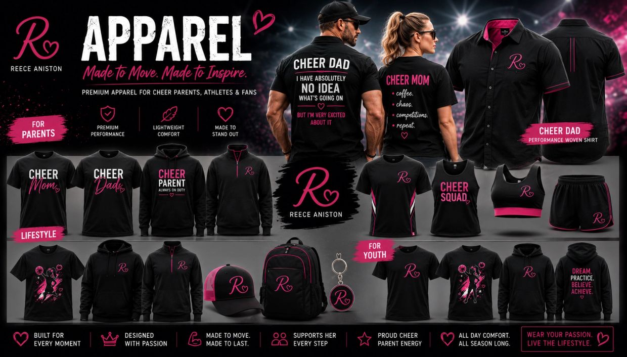 Cheer apparel collection for parents and youth featuring performance and lifestyle options.