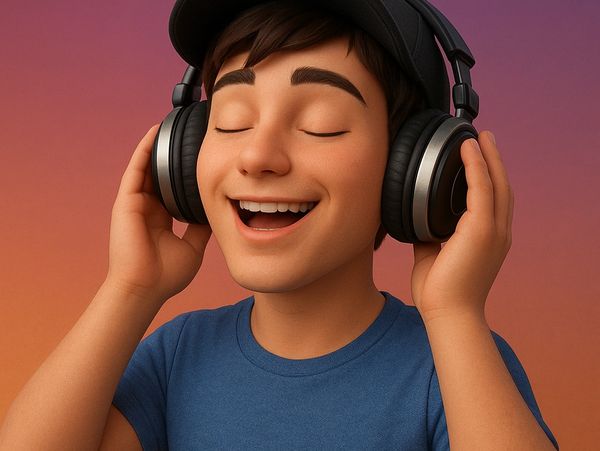 Animated young man enjoying music with headphones.