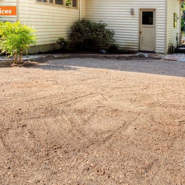 Freshly raked yard with landscaping near a house, promoting Power Raking Services.