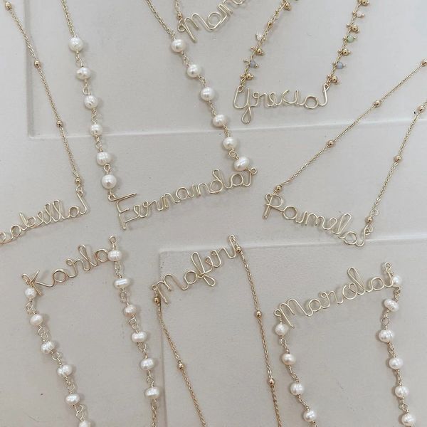 custom name personalized necklaces made in El salvador with fresh water pearls, hand made, custom 