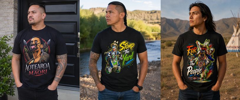 Three men wearing black graphic t-shirts with cultural and bold designs outdoors.
