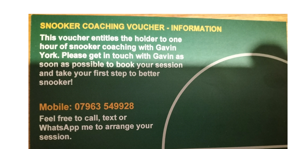 Snooker Coaching Voucher - Great for Christmas and birthdays