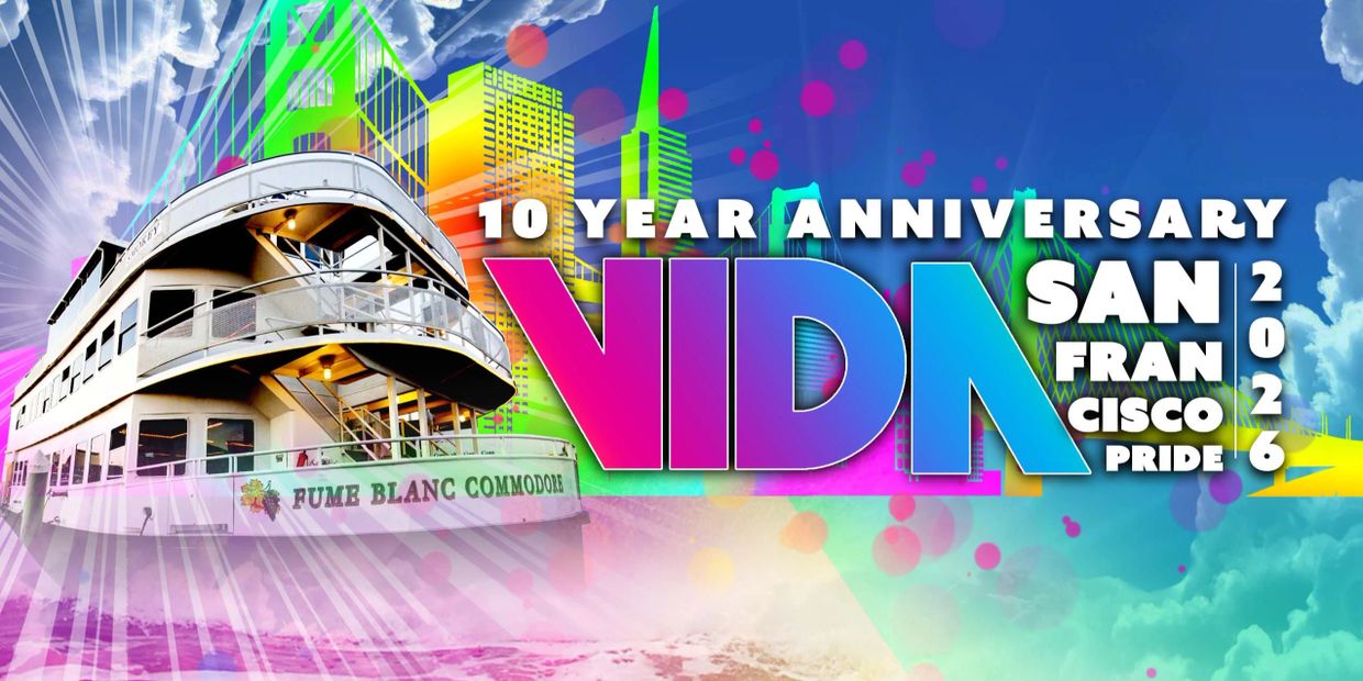 Colorful poster celebrating the 10-year anniversary of San Francisco Pride 2026 with a boat and cityscape.