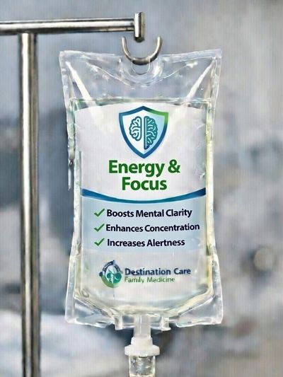 IV bag labeled 'Energy &amp; Focus' promoting mental clarity and alertness.