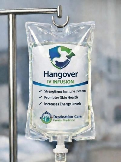 IV infusion bag labeled 'Hangover' with health benefits listed.