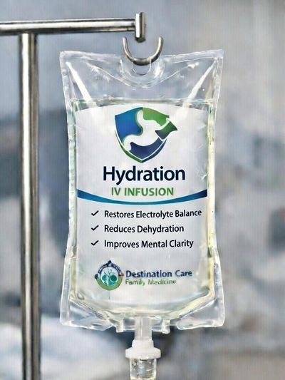 IV hydration infusion bag promoting electrolyte balance and mental clarity.