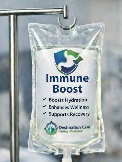 IV bag labeled 'Immune Boost' promoting hydration, wellness, and recovery.