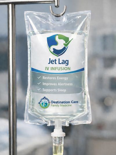IV infusion bag labeled Jet Lag with benefits listed.