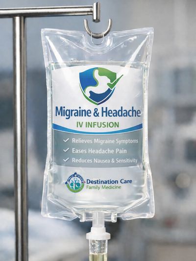 IV infusion bag labeled for migraine and headache relief.