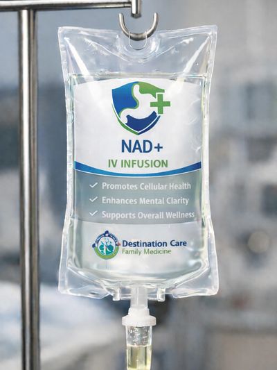NAD+ IV infusion bag promoting cellular health and mental clarity.