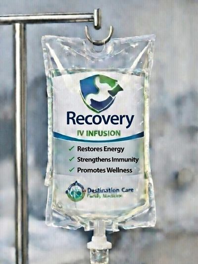 IV infusion bag labeled 'Recovery IV Infusion' promoting energy, immunity, and wellness.