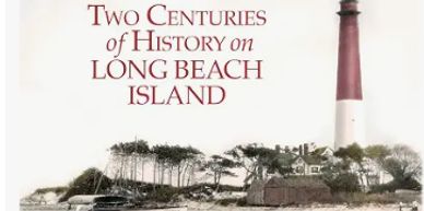 Historic scene of Long Beach Island with a lighthouse and boat.