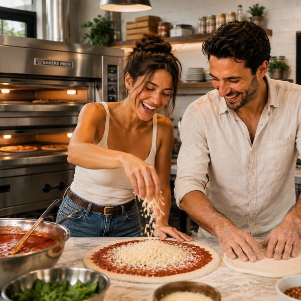 Couple making pizza together and smiling.