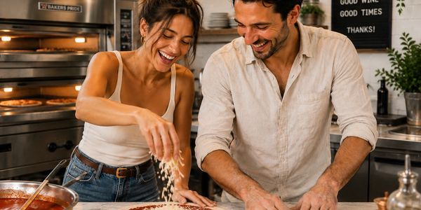 Couple making pizza together and smiling.