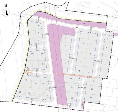 Site plan showing numbered plots and access roads with directional north arrow.