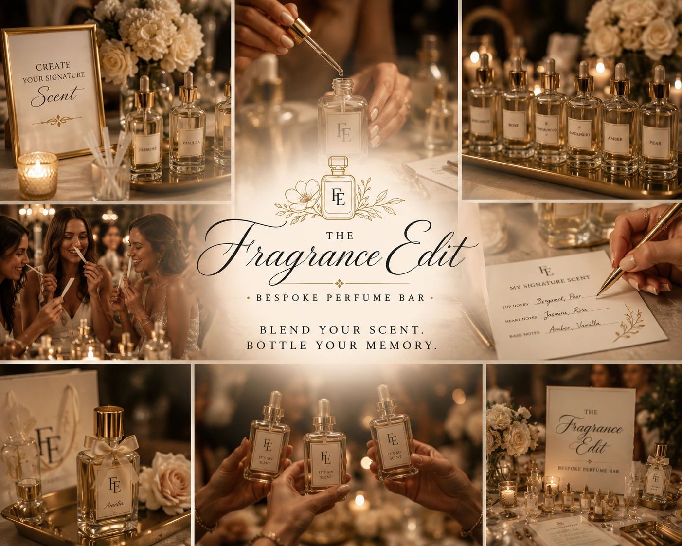 A bespoke perfume bar experience with elegant bottles and personalized scents.
