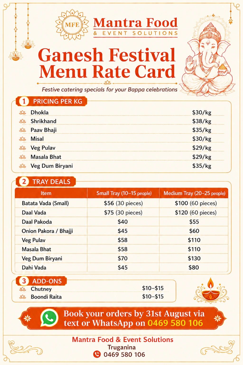 Ganesh Festival menu with prices for catering by Mantra Food.