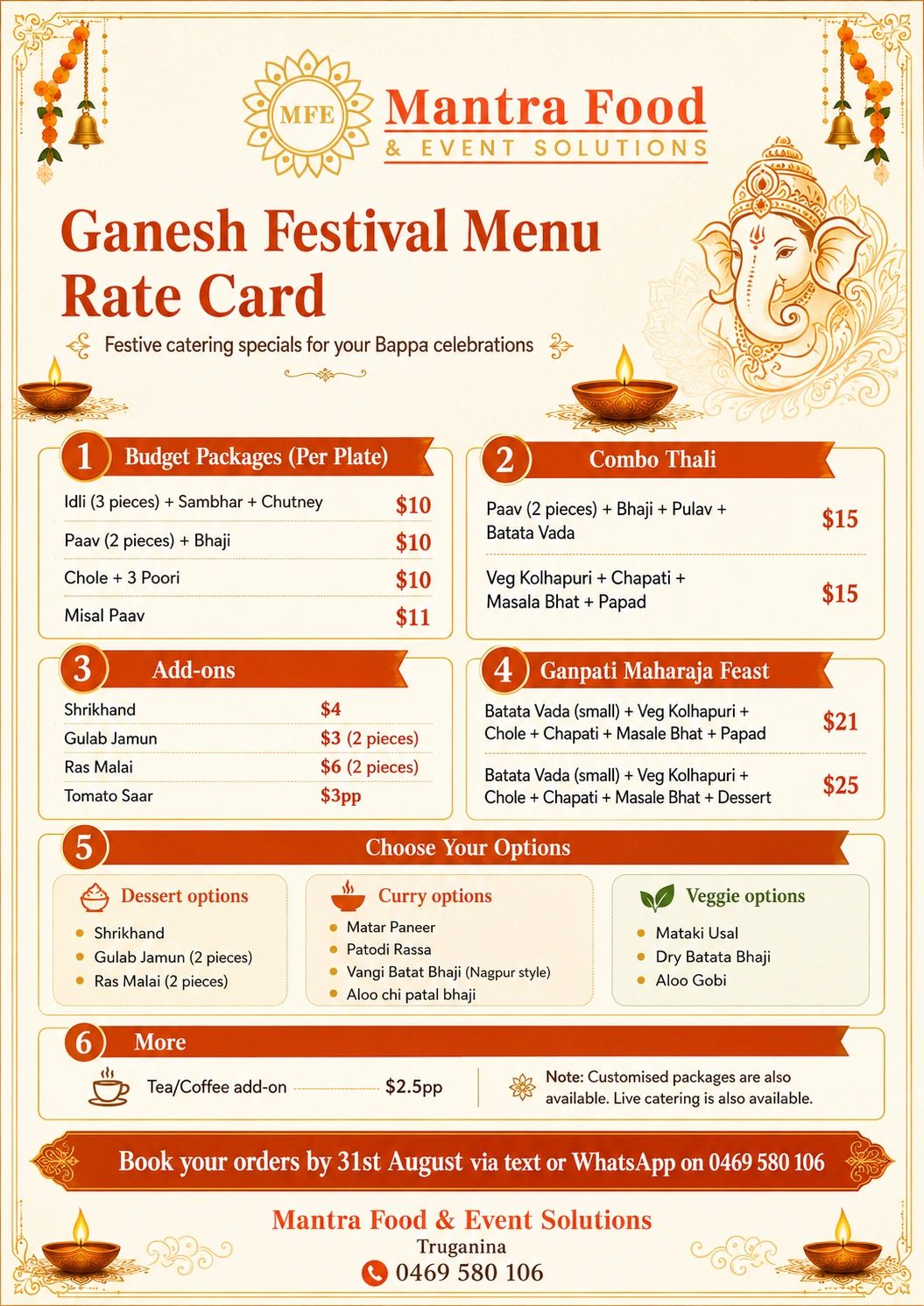 Ganesh Festival Menu Rate Card from Mantra Food &amp; Event Solutions.
