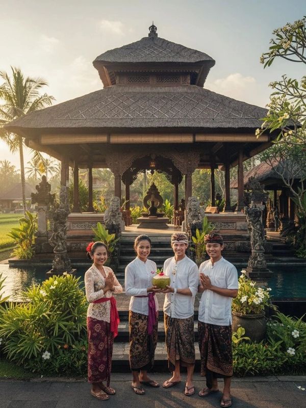 Four people in traditional Balinese attire standing in front of a pavilion at sunset. Luxury bali villa rental. Villa management bali. Hospitality bali. 