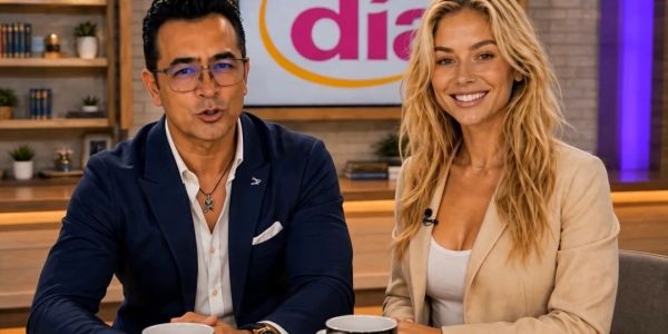 Presentadores sonrientes en un programa de televisión.