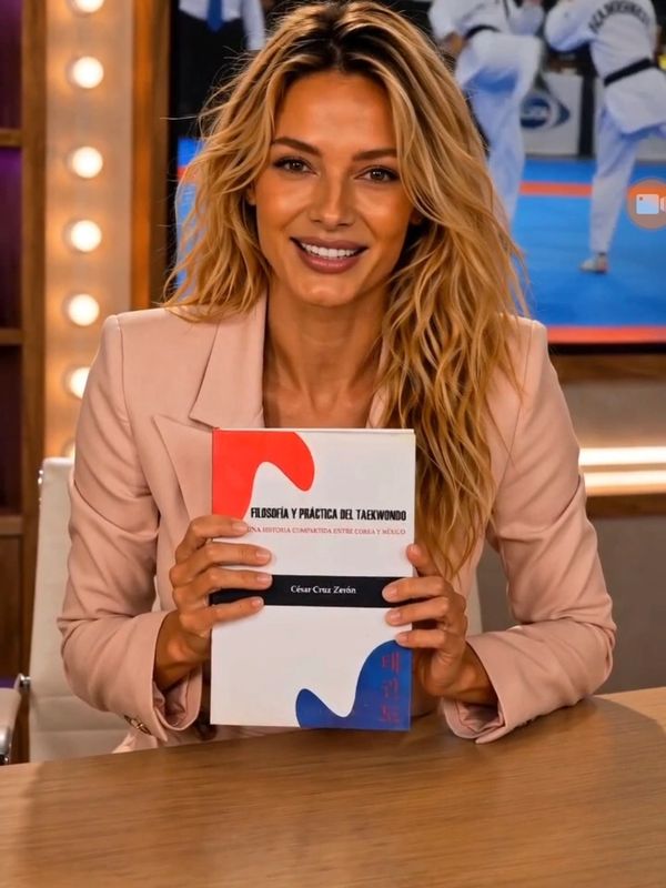 Mujer sonriente mostrando un libro sobre taekwondo.
