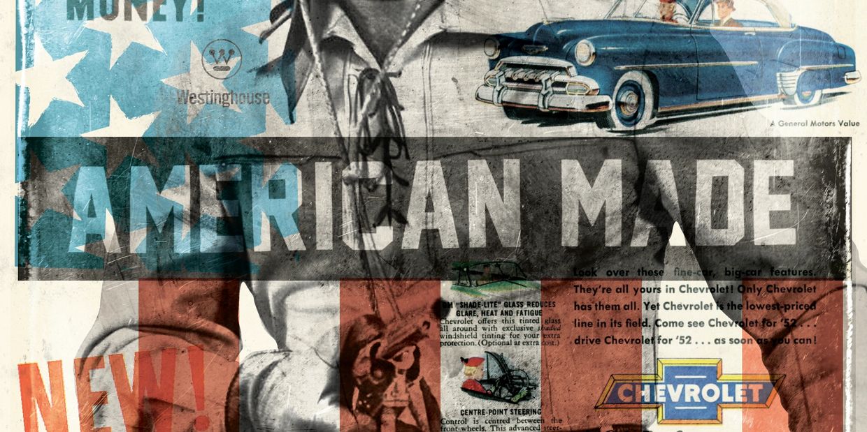 Vintage American-made Chevrolet car advertisement with patriotic theme.