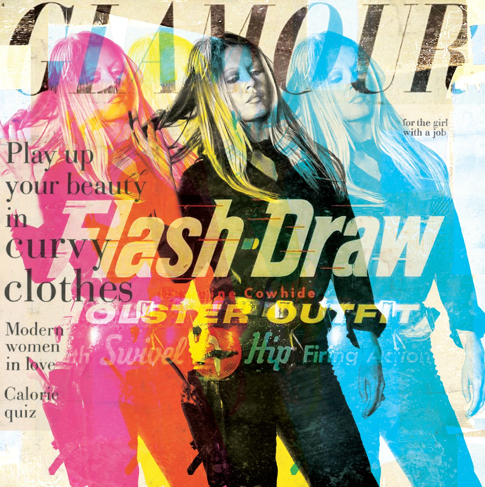 Colorful pop art style image of a woman with gun holsters and fashion text overlays.