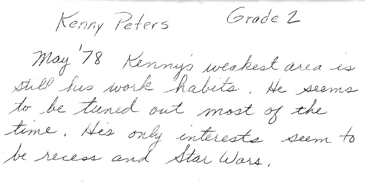 Handwritten note about Kenny Peters' work habits in Grade 2, May 1978.