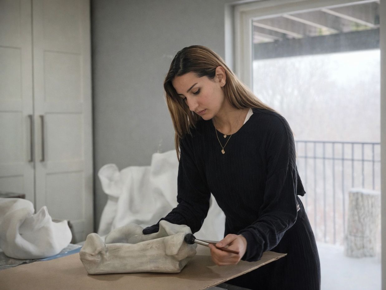 A woman sculpts a clay piece in a bright studio.