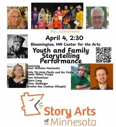 Flyer for a youth and family storytelling event in Bloomington, Minnesota.