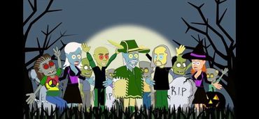 Animated group of zombies and witches celebrating Halloween under a full moon.